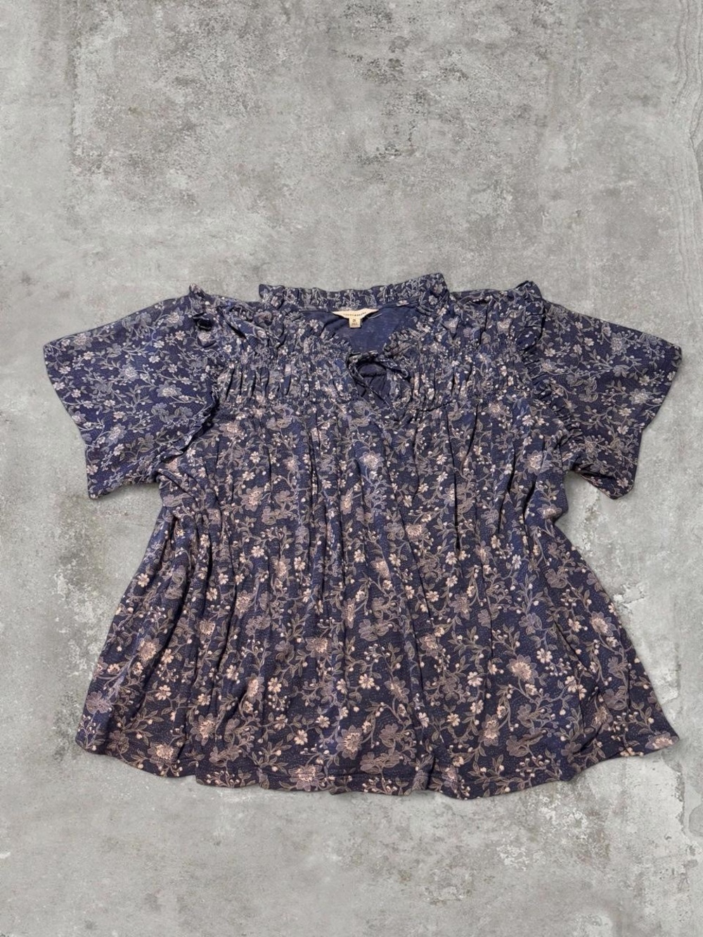 Lucky Brand Navy Blue Floral Ruffle Neck Blouse